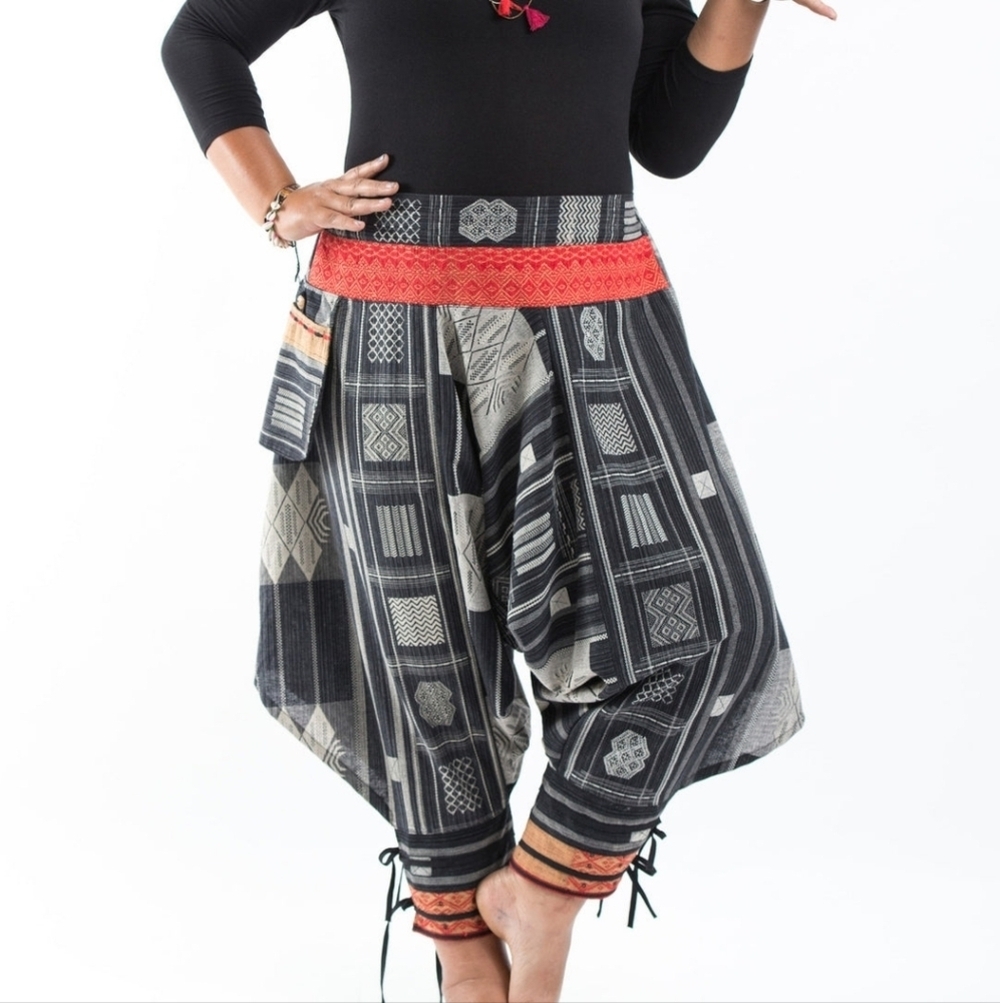 Plus Size Thai Hill Tribe Fabric Harem Pants with Straps